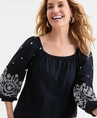 Style & Co Petite Square-Neck Embroidered 3/4-Sleeve Blouse, Macy's Exclusive