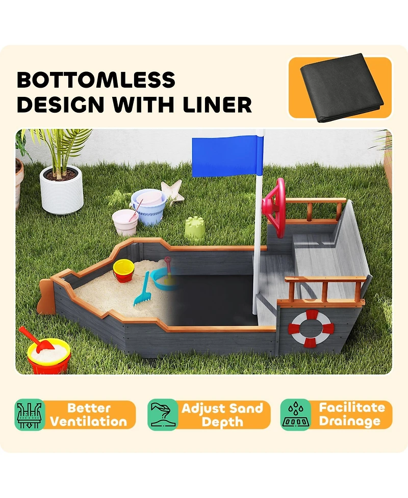 Outsunny 62 in. Wooden Kids box with Bottom Liner, Seats, Storage,