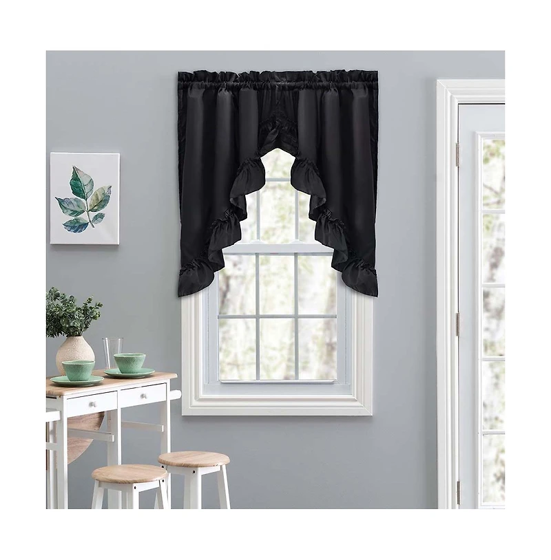 Ellis Stacey Solid Color Window 1.5" Rod Pocket High Quality Fabric Ruffled Swag 60"x38" Black