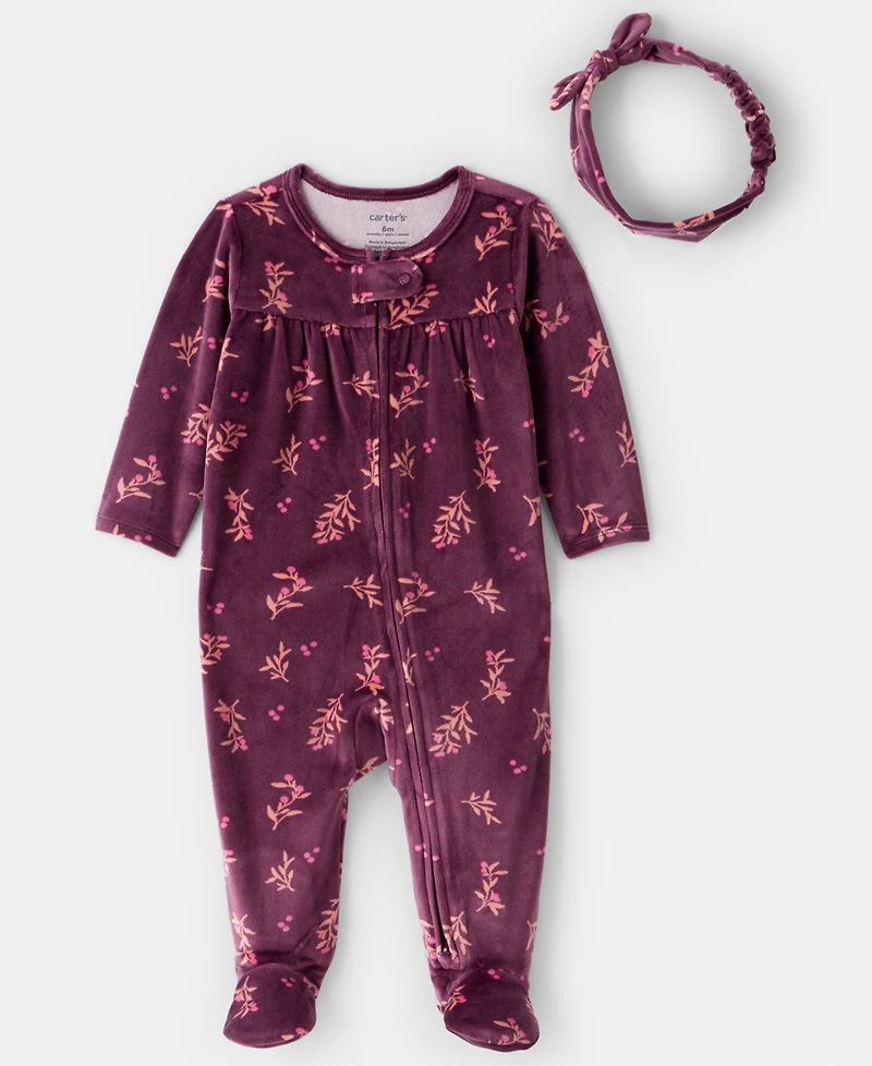 Carter's Baby Girls 2-Piece Floral Long-Sleeve Sleep and Play Pajama Headband Set