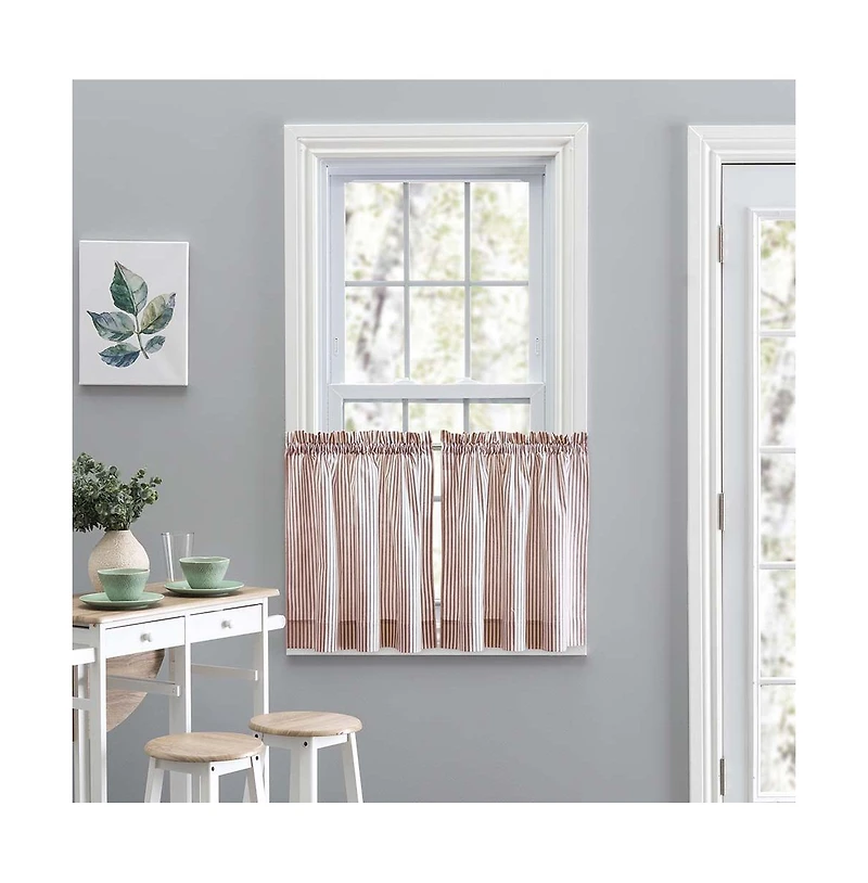Ellis Curtain Plaza Classic Ticking Stripe Printed on Natural Ground 1.5" Rod Pocket Tailored Tiers 56" x 24" Brick
