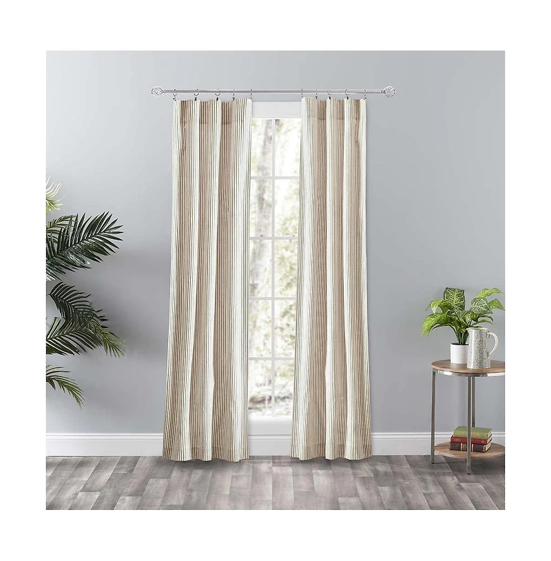 Ellis Curtain Plaza Classic Ticking Stripe Printed 3" Rod Pocket Tailored Panel Pair with Tiebacks 56" x 84" Tan