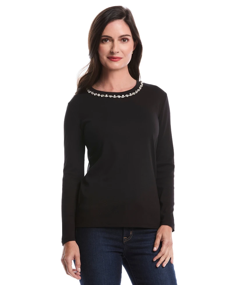 Rafaella Petite Embellished Neck Long Sleeve Top