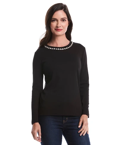 Rafaella Petite Embellished Neck Long Sleeve Top