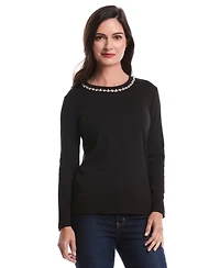 Rafaella Petite Embellished Neck Long Sleeve Top