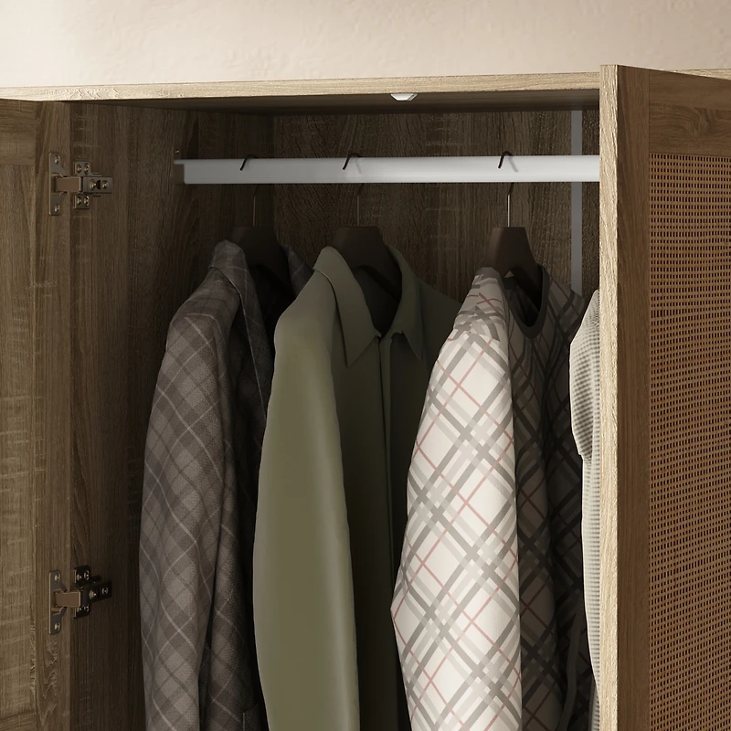 Homsee Rattan Doors Wardrobe with 3-Drawers, Hanging Rod,Bedroom Armoire,Closet