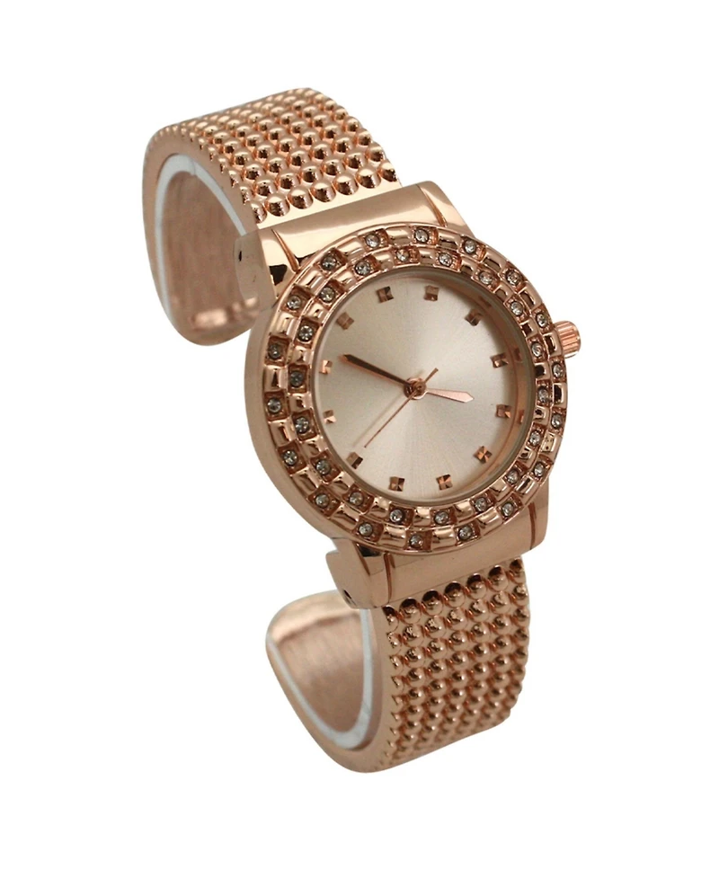 Rose Gold Thick Bangle Watch With Rhinestone Details
