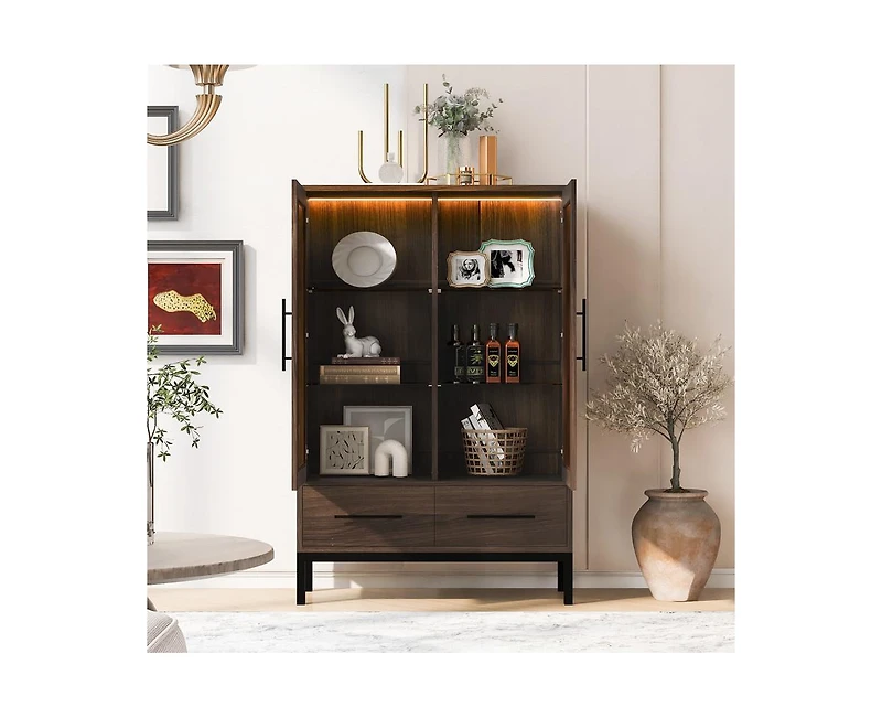 Casainc 60" Tall Display Cabinet with 2 Storage Drawers Glass Door & Led Lighting