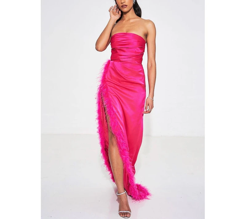 Miss Circle Women's Perrin Fuchsia Pink Feather Dress High Slit Gown