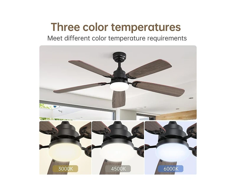 52-inch Modern Black 5 blades Three-color Dimmable Ceiling Fan Led Light with Six-speed Remote Control and Timing Function