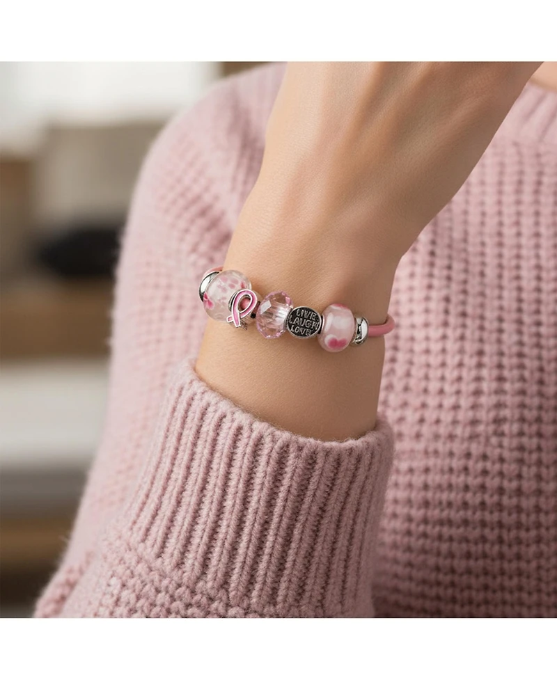 Bling Jewelry Live Love Laugh Support Breast Cancer Survivor Pink Ribbon Multi Bead Charm Leather Bracelet Sterling Silver Barrel Clasp