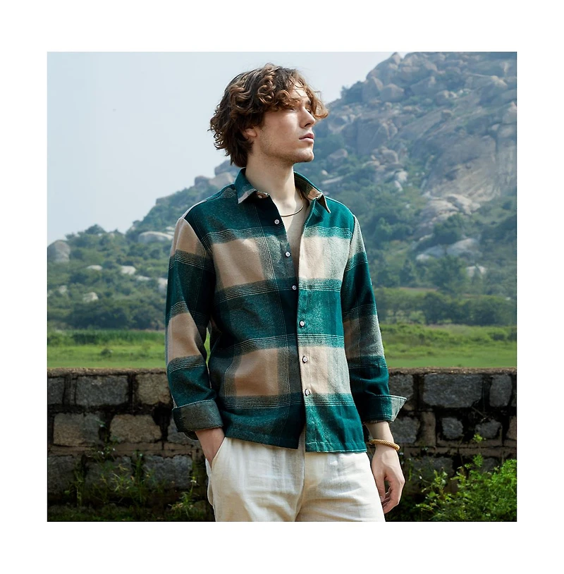 Campus Sutra Men's Emerald Green & Buff Beige Vignette-Checkered Oversized Shirt