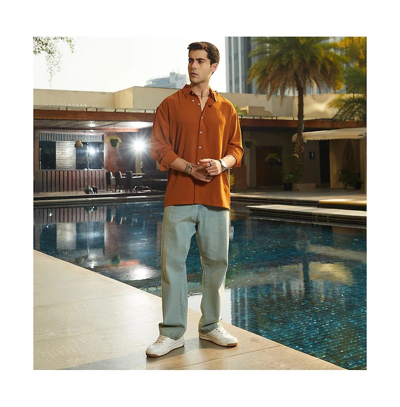 Campus Sutra Men's Rust Orange Breezy Wrinked Shirt