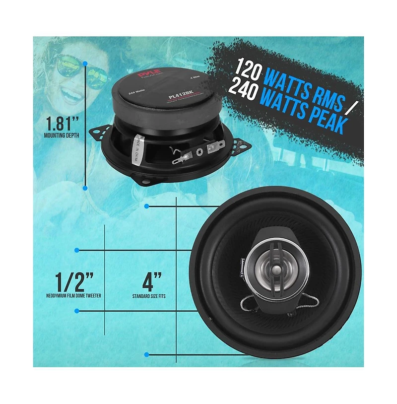 Two-Way Sound Speaker System, 4'' Coaxial Loud Audio, 240 Watts, 4 Ohm Impedance, 3/4'' Asv Voice Coil