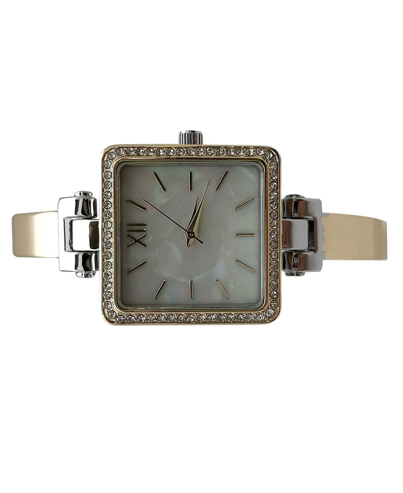 Olivia Pratt Two Tone Square Face Thin Rhinestone Bezel Bangle Women Watch