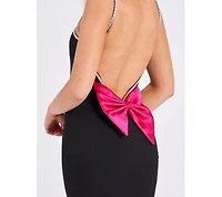 Miss Circle Women's Flore Black Crystal Straps Backless Gown With Bow