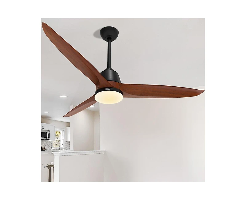 56-inch Modern 3 Solid Wood Blade Tri Color Dimming Ceiling Fan with Six Speed Remote Control and Forward Reverse Function for Indoor