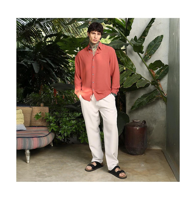 Campus Sutra Men's Coral Orange Breezy Wrinked Shirt