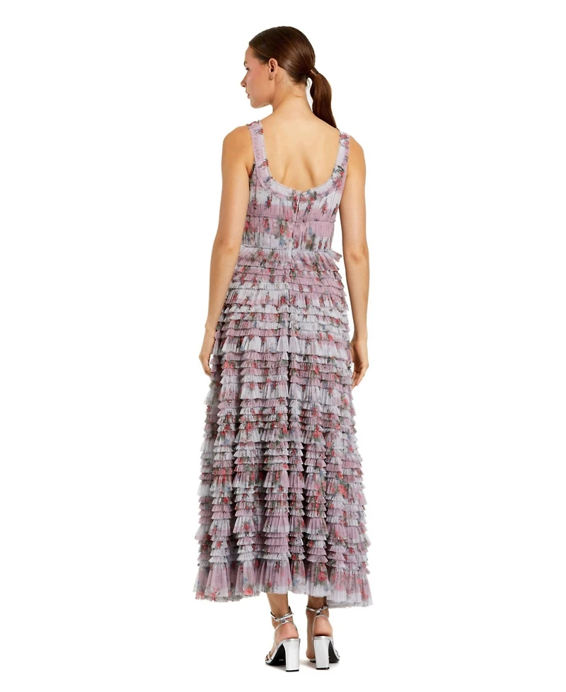 Mac Duggal Women's Sleeveless Floral Midi Dress with Tiered Ruffles