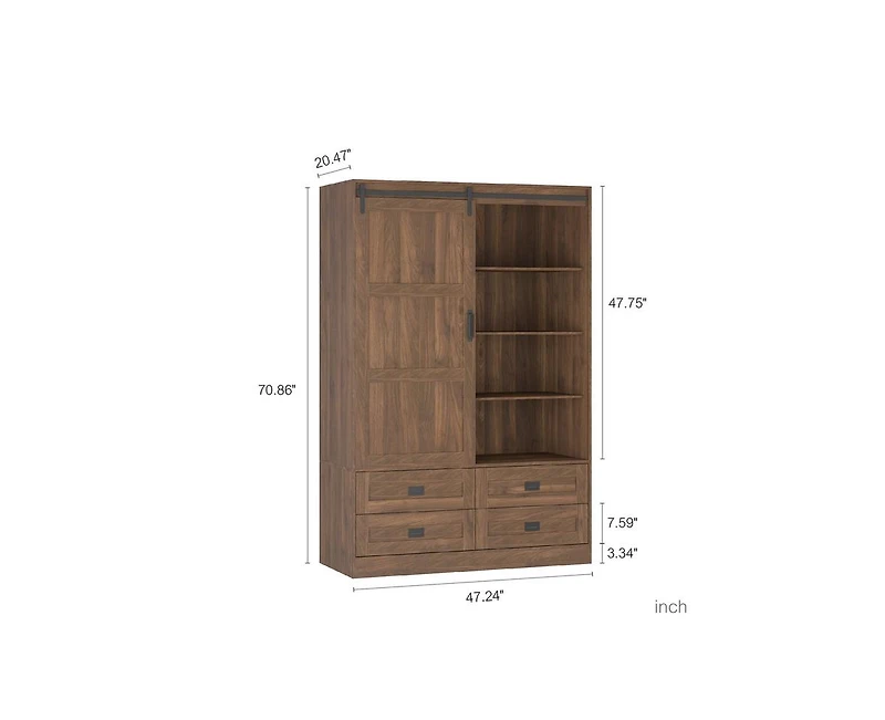 Casainc Tall Cabinet Bedroom Armoire Wardrobe Closet Clothing with Hanging Rod Barn Door Drawers Open Shelves