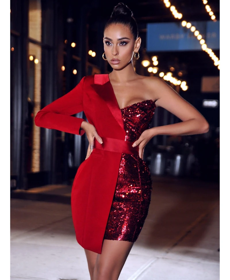 Miss Circle Women's Silver Night Wine Red Sequin Crepe Tuxedo Blazer Dress