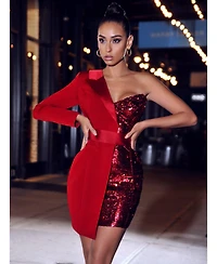 Miss Circle Women's Silver Night Wine Red Sequin Crepe Tuxedo Blazer Dress