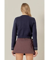 English Factory Women's Stitch Detail Puff Sleeve Cardigan