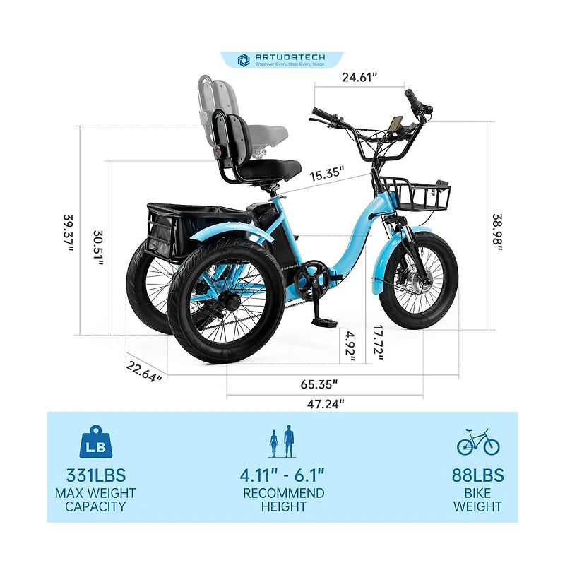 Artudatech 18" 48V 13AH 350W Electric Trike Variable speed with IPX7 Display