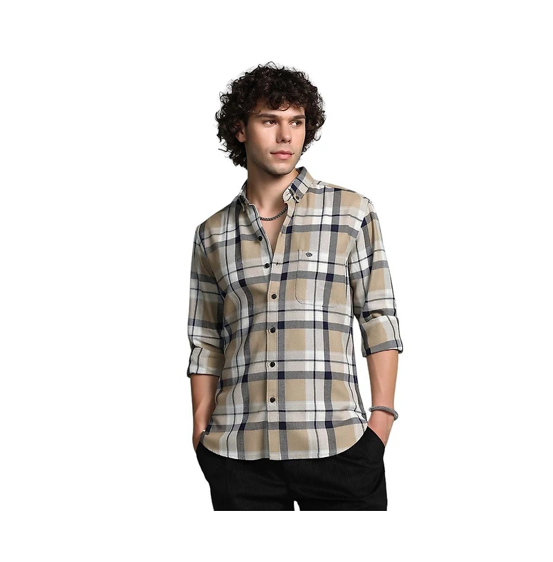 Campus Sutra Men's Sand Beige Shadow-Checkered Shirt