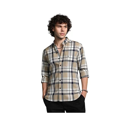 Campus Sutra Men's Sand Beige Shadow-Checkered Shirt