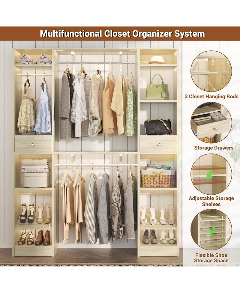 Aheaplus 58" - 90'' W Closet System with 2 Drawers, Large Walk-in Closet Organizer with 3 Hanging Rods and Shelves