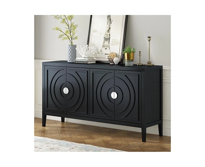 Casainc Retro Storage Cabinet Sideboard Door with Circular Groove Design Round Metal Handle