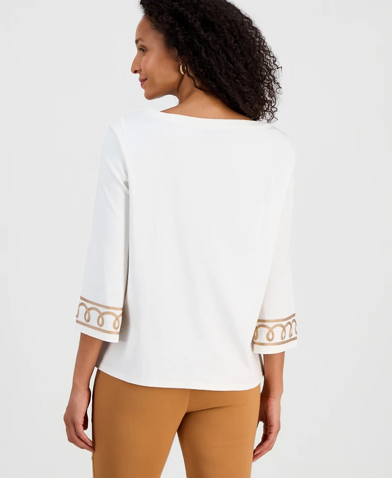 Jm Collection Women's Cotton Soutache 3/4-Sleeve Top, Macy's Exclusive