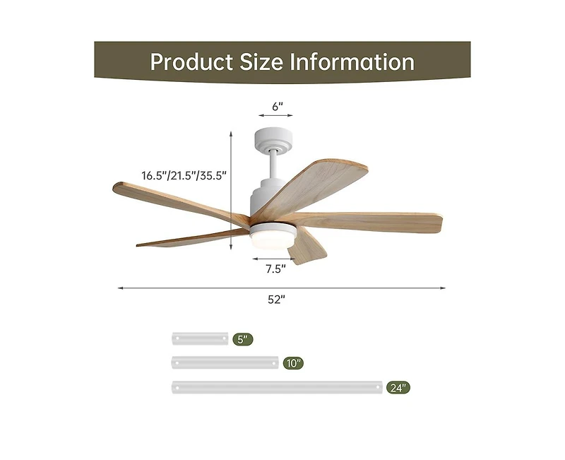 Sofucor 52-inch Modern Stylish White 5-Blade Ceiling Fan with Remote Control and Light Source