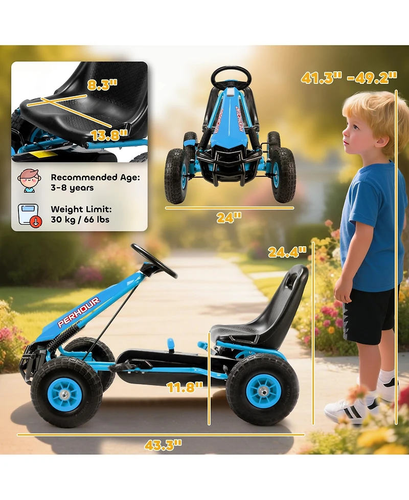 Qaba Go Kart for Kids, Pedal Cart with Adjustable Seat, Eva Wheels,