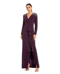 Mac Duggal Women's Long Sleeve Gown with Cascading Ruffle & Rhinestone Shoulders
