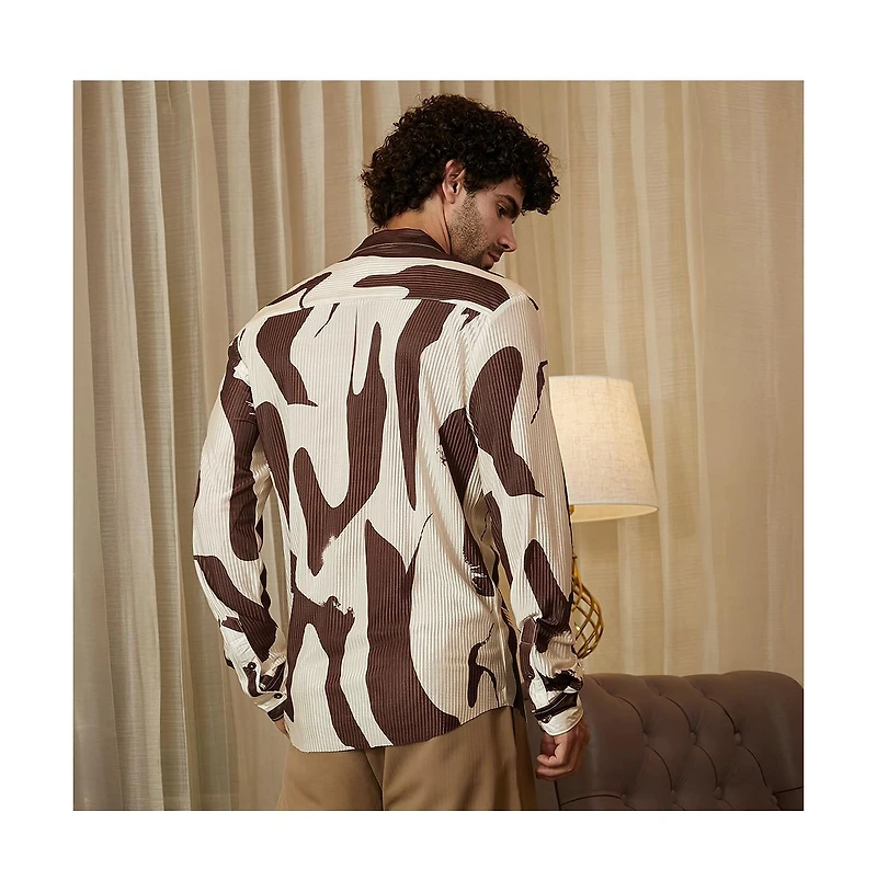 Campus Sutra Men's Chocolate Brown & Daisy White Contour-Lines Pleated Shirt