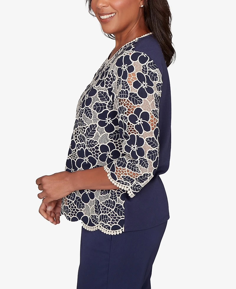 Alfred Dunner Women's Saratoga Springs Floral Lace Trim Soft Knit Top