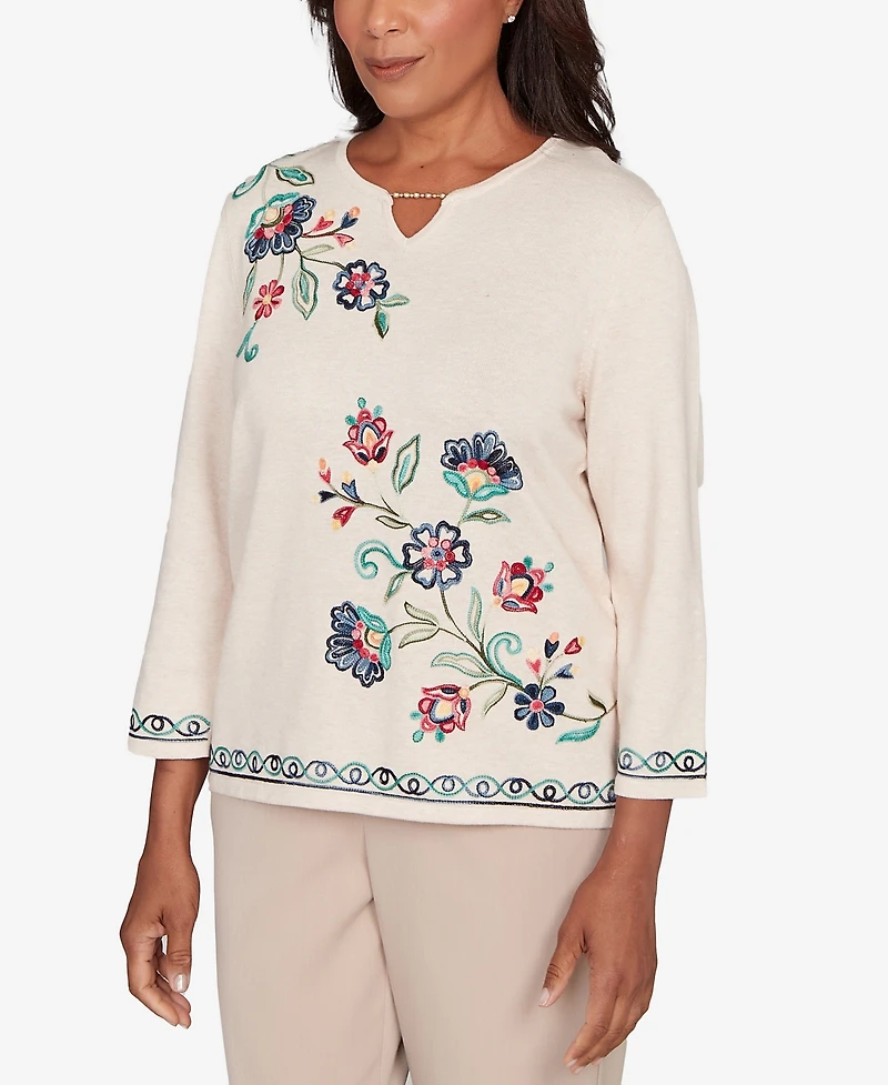 Alfred Dunner Women's Saratoga Springs Embroidered Floral Three-Quarter Sleeve Sweater