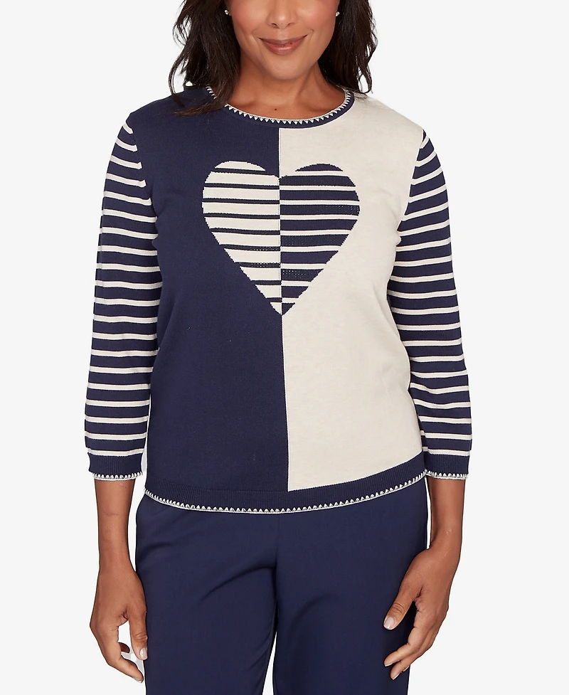 Alfred Dunner Women's Saratoga Springs Heart Motif Detail Striped Sweater