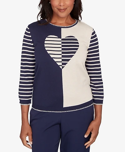 Alfred Dunner Women's Saratoga Springs Heart Motif Detail Striped Sweater