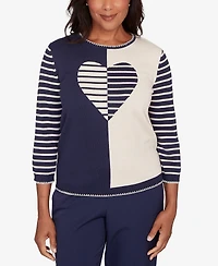Alfred Dunner Women's Saratoga Springs Heart Motif Detail Striped Sweater