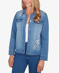 Alfred Dunner Women's Hilton Head Floral Applique Detail Light Denim Jacket