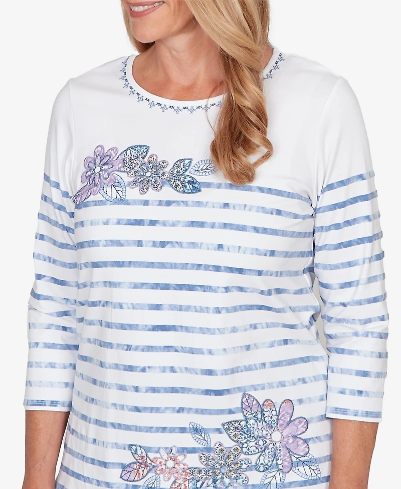 Alfred Dunner Women's Hilton Head Applique Flower Tie Dye Stripe Knit Top