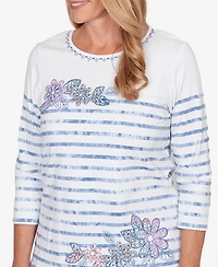 Alfred Dunner Women's Hilton Head Applique Flower Tie Dye Stripe Knit Top