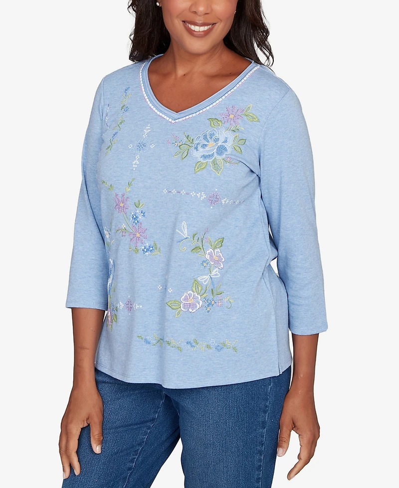 Alfred Dunner Women's Hilton Head Cross Stitched Floral Top