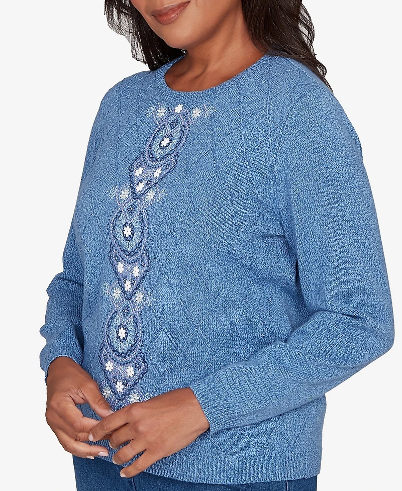 Alfred Dunner Women's Hilton Head Center Embroidery Accent Sweater