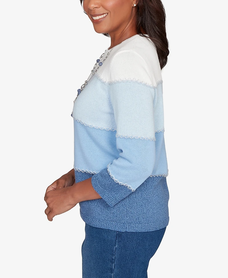 Alfred Dunner Women's Hilton Head Ombre Stripe Sweater with Necklace