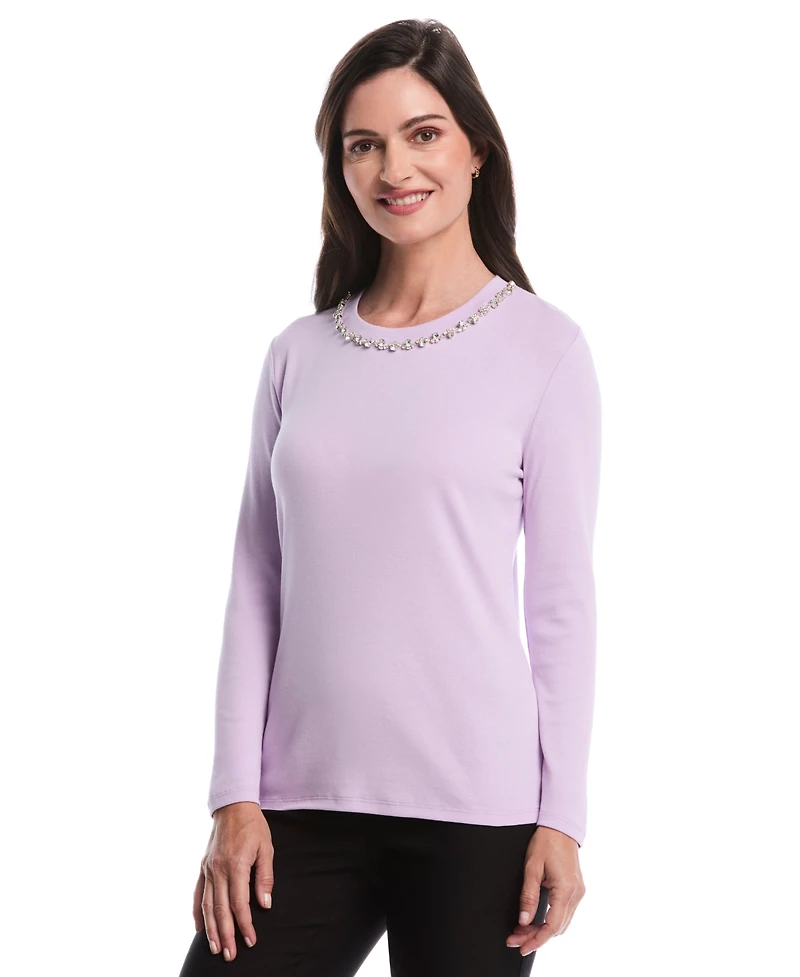 Rafaella Petite Embellished Neck Long Sleeve Top