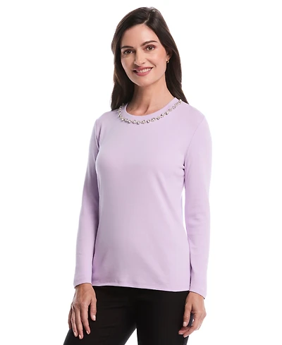 Rafaella Petite Embellished Neck Long Sleeve Top